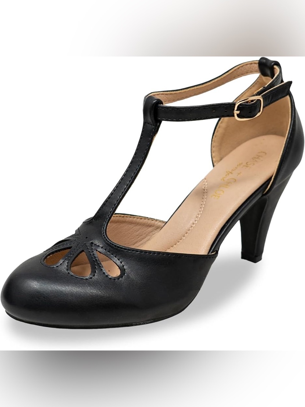 Chase + Chloe Black T-Strap Cutout Heel
